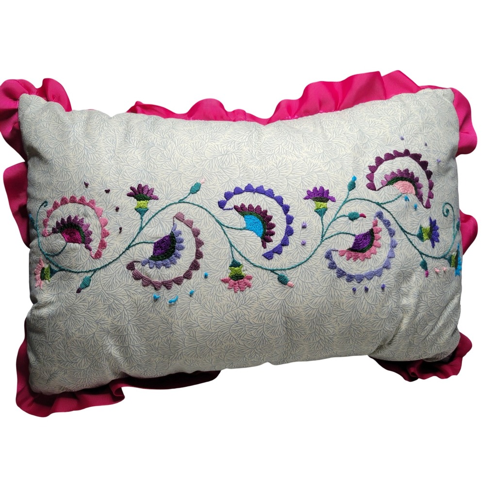 Handmade Embroidered Floral Pillow Denim Back Pink Ruffle Trim 17x12 Boho Accent